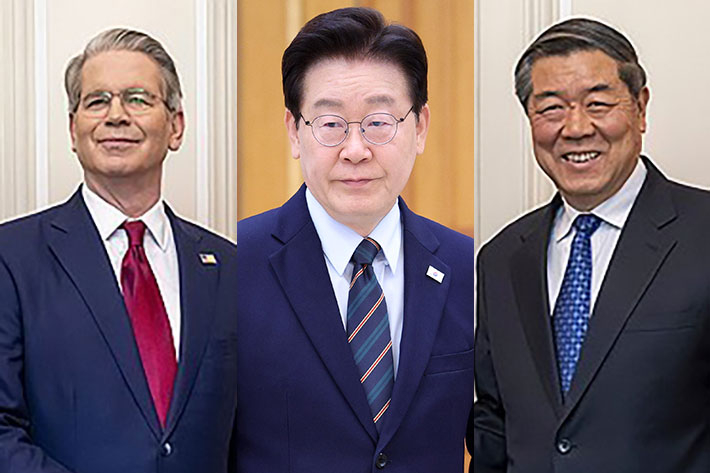 왼쪽부터 스콧 베센트 미국 재무장관, 이재명 대통령, 허리펑 중국 국무원 부총리. 연합뉴스