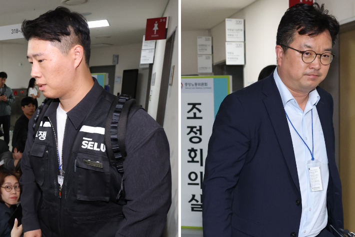 삼성전자 대표교섭위원인 김형로 부사장(오른쪽 사진)과 최승호 초기업노조 삼성전자지부 위원장(왼쪽 사진)이 13일 새벽 세종시 정부세종청사 중앙노동위원회에서 2026년 임금협약 체결을 위한 2차 사후조정이 결렬된 후 각각 협상장을 떠나고 있다. 연합뉴스