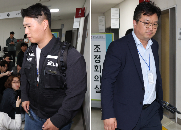 삼성전자 대표교섭위원인 김형로 부사장(오른쪽 사진)과 최승호 초기업노조 삼성전자지부 위원장(왼쪽 사진)이 13일 새벽 세종시 정부세종청사 중앙노동위원회에서 2026년 임금협약 체결을 위한 2차 사후조정이 결렬된 후 협상장을 각각 떠나고 있다. 연합뉴스
