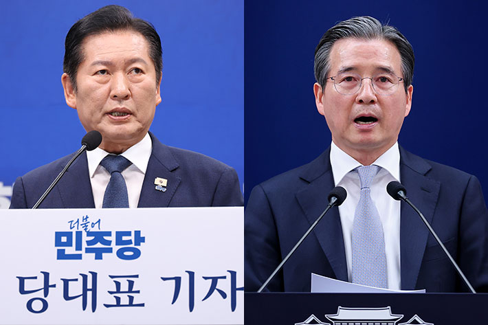 더불어민주당 정청래 대표(왼쪽), 청와대 김용범 정책실장. 연합뉴스