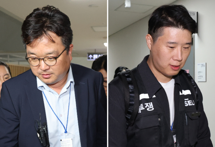 삼성전자 대표교섭위원인 김형로 부사장(왼쪽 사진)과 최승호 초기업노조 삼성전자지부 위원장(오른쪽 사진)이 13일 새벽 세종시 정부세종청사 중앙노동위원회에서 2026년 임금협약 체결을 위한 2차 사후조정이 결렬된 후 협상장을 각각 떠나고 있다. 연합뉴스