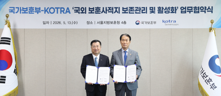 국가보훈부(장관 권오을)와 코트라(사장 강경성)는 5월 13일 국외 보훈사적지의 보존관리 및 활성화를 위한 업무협약(MOU)을 체결했다. 권오을 국가보훈부 장관(오른쪽)과 강경성 코트라 사장(왼쪽)이 협약서 서명 이후 기념 촬영을 하고 있다. 코트라 제공