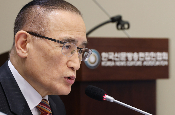 위성락 국가안보실장이 13일 서울 프레스센터 한국신문방송편집인협회에서 열린 간담회에서 발언하고 있다. 연합뉴스