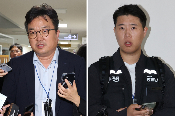 삼성전자 대표교섭위원인 김형로 부사장(왼쪽 사진)과 최승호 초기업노조 삼성전자지부 위원장(오른쪽 사진)이 13일 새벽 세종시 정부세종청사 중앙노동위원회에서 2026년 임금협약 체결을 위한 2차 사후조정이 결렬된 후 협상장을 각각 떠나며 취재진의 질문에 답하고 있다. 연합뉴스