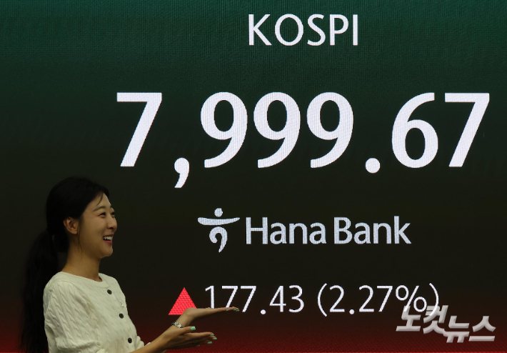 코스피가 사상 최초로 7900선 돌파한 12일 서울 중구 하나은행 딜링룸에 지수가 표시되고 있다. 이날 코스피는 131.17포인트(1.68%) 오른 7953.41로 출발했다. 박종민 기자
