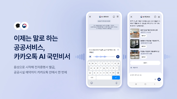 카카오는 AI 국민비서 시범서비스에 음성 기능을 추가하고 공공시설 예약을 카카오톡 안에서 가능하도록 서비스를 고도화했다. 카카오 제공