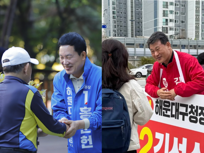 홍순헌 더불어민주당 부산 해운대구청장 후보(왼쪽)와 김성수 국민의힘 부산 해운대구청장 후보(오른쪽). 각 후보 캠프 제공