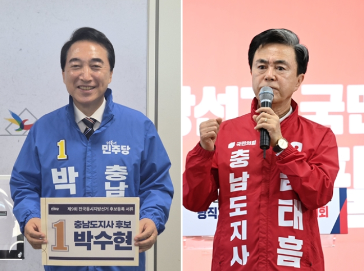 충남지사 선거 후보자 등록을 마친 박수현 민주당 후보(왼쪽)와 김태흠 국민의힘 후보. 김정남 기자·캠프 제공
