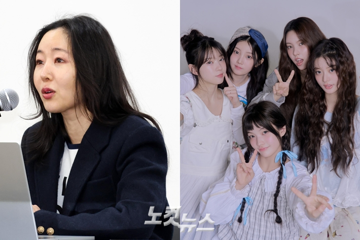 왼쪽부터 민희진 오케이레코즈 대표, 그룹 아일릿. 박종민 기자/빌리프랩 제공