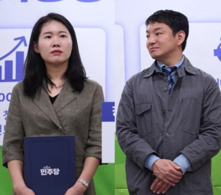 김경수 후보 기자회견에는 청년이자 육아맘인 이묘배 양산시의원(왼쪽)과 용접공 출신 작가 천현우 씨가 공동 총괄선대위원장으로 참석해 힘을 보탰다. 김 후보 캠프 제공 