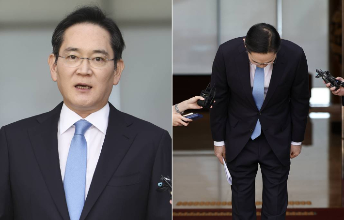 일본 출장을 마치고 급거 귀국한 이재용 삼성전자 회장이 16일 서울 김포비즈니스항공센터(SGBAC)에서 머리 숙여 사죄 인사를 하고 있다. 연합뉴스