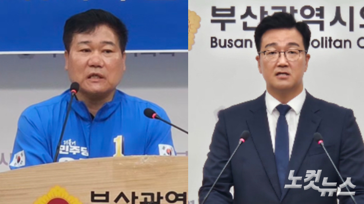  더불어민주당 이정식 연제구청장 후보(왼쪽)와 진보당 노정현 연제구청장 후보. 강민정 기자