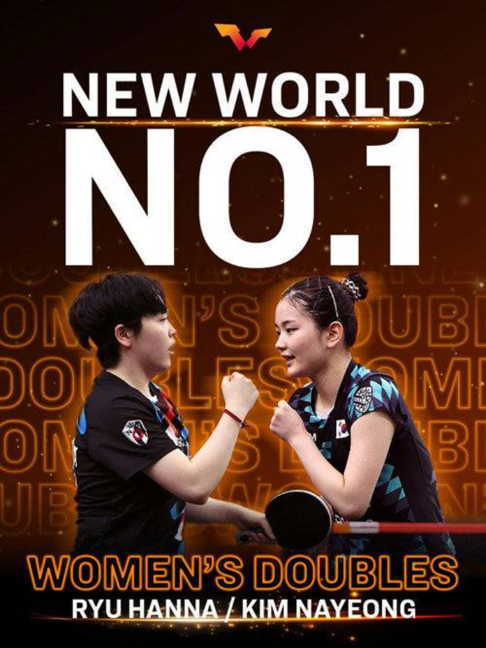 지난 3월 탁구 여자 복식 세계 랭킹 1위에 오른 김나영(오른쪽)-유한나. 5월 현재는 2위를 달리고 있다. 월드테이블테니스 인스타그램 