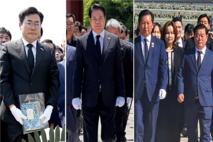 왼쪽부터 박찬대 인천시장 후보, 최대호 안양시장 후보, 정청래 대표, 박승원 광명시장 후보. SNS 캡처