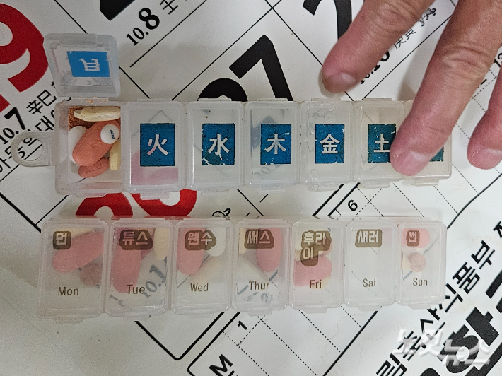 윤성화(가명)씨가 매일 먹고 있는 약. 윤성화씨는 심장 혈관이 막혀 반년에 한 번씩 병원에 들러 검사를 받고 약을 받아 온다. 이원석 기자