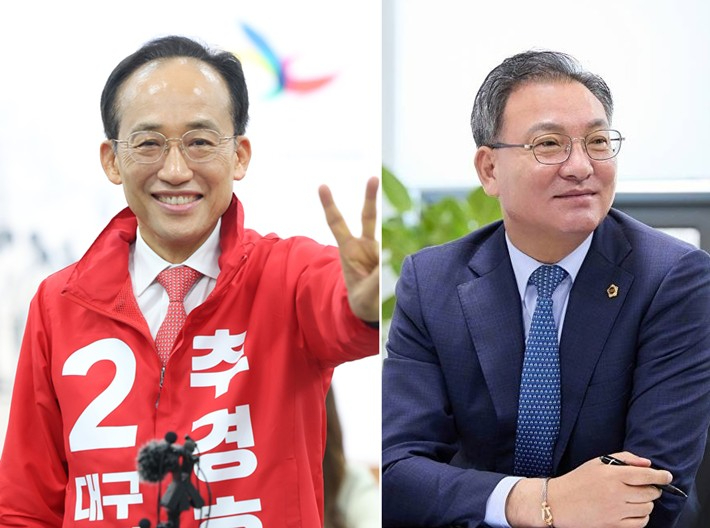 국민의힘 추경호 대구시장 후보(왼쪽)와 국민의힘 중앙당 부대변인으로 임명된 하중환 대구시의원. 연합뉴스, 대구시의회 제공