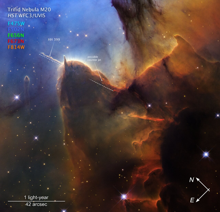 허블우주망원경의 광시야카메라3으로 관측한 삼렬 성운(Trifid Nebula, M20). NASA, ESA, STScI. 이미지 처리: J. 드 파스콸레(STScI)
