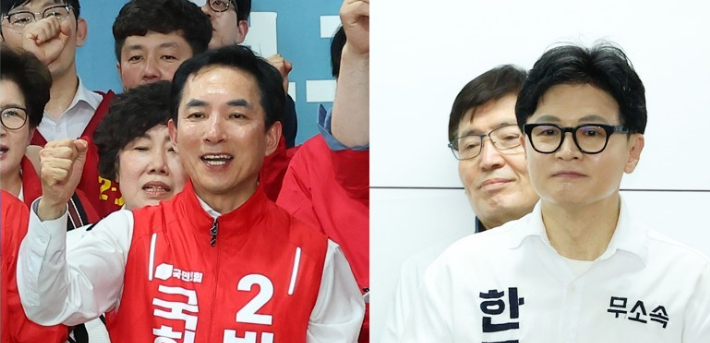 북구갑 보궐선거 국민의힘 박민식 후보(왼쪽)와 무소속 한동훈 후보. 연합뉴스