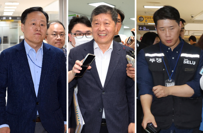 삼성전자 사측 대표교섭위원인 여명구 DS(디바이스솔루션·반도체 사업 담당) 피플팀장(왼쪽부터), 박수근 중앙노동위원장, 삼성그룹 초기업노동조합 삼성전자지부 최승호 위원장이 총파업 예고 시점을 이틀 앞둔 19일 정부세종청사 중앙노동위원회에서 열린 2차 사후조정 2일차 오후 회의에 참석하고 있다. 연합뉴스