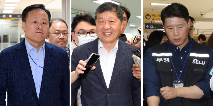 삼성전자 사측 대표교섭위원인 여명구 DS(디바이스솔루션·반도체 사업 담당) 피플팀장(왼쪽부터), 박수근 중앙노동위원장, 삼성그룹 초기업노동조합 삼성전자지부 최승호 위원장. 연합뉴스