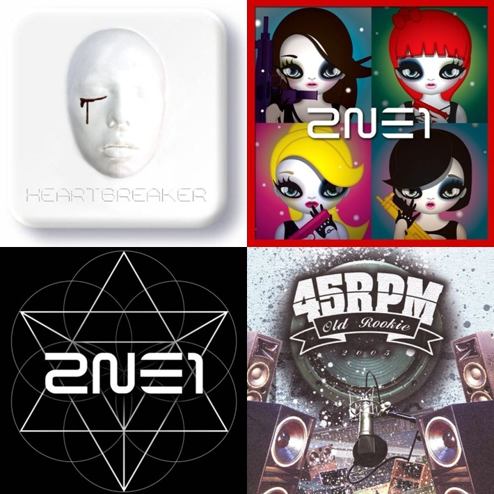 왼쪽부터 시계 방향으로 지드래곤 정규 1집 '하트브레이커', 2NE1 미니 2집 '세컨드 미니앨범', 45RPM 정규 1집 '올드 루키', 2NE1 정규 2집 '크러시' 앨범 표지. YG엔터테인먼트 제공