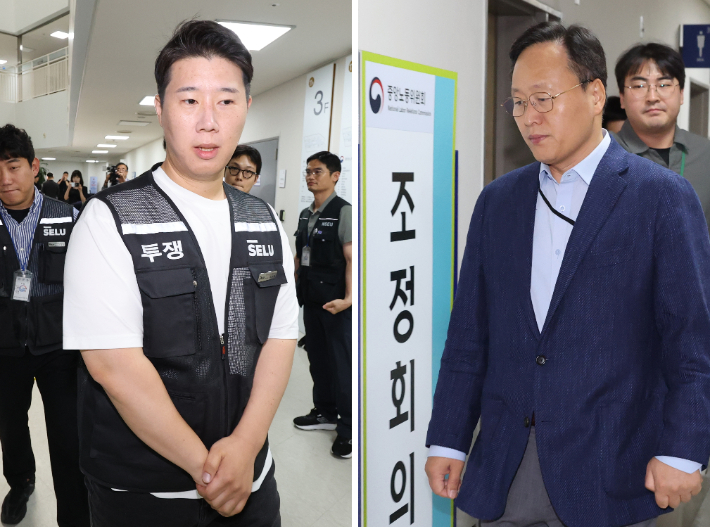 3차 사후조정 들어가는 삼성그룹 초기업노동조합 삼성전자지부 최승호 위원장(왼쪽)과 삼성전자 사측 대표교섭위원인 여명구 DS(디바이스솔루션·반도체 사업 담당) 피플팀장. 연합뉴스