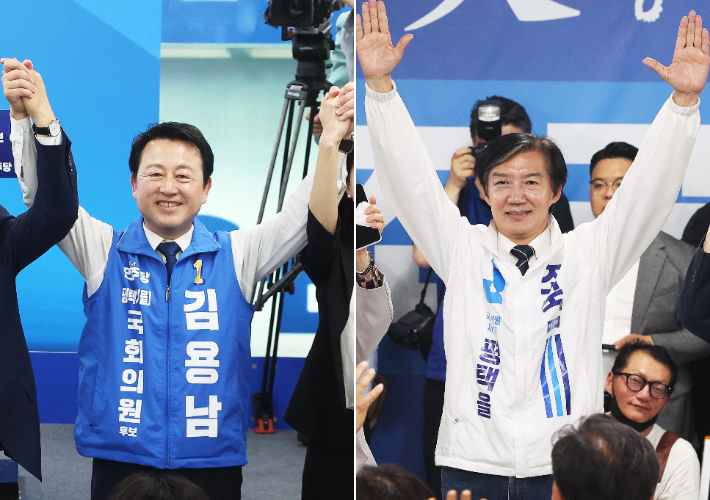 경기 평택을 국회의원 재선거에 출마한 민주·진보 진영 후보들이 16일 경기도 평택시 안중읍 각 후보 선거사무소 열린 개소식에서 기념 촬영을 하고 있다. 왼쪽부터 더불어민주당 김용남, 조국혁신당 조국. 연합뉴스