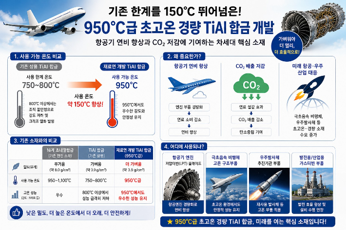 한국재료연구원 김성웅 박사 연구팀이 개발한 950℃ 이상급 TiAl 신합금 소재 기술. 한국재료연구원 제공