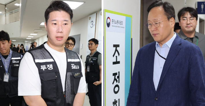 삼성그룹 초기업노동조합 삼성전자지부 최승호 위원장(왼쪽)과 삼성전자 사측 대표교섭위원인 여명구 DS(디바이스솔루션·반도체 사업 담당) 피플팀장이 20일 정부세종청사 중앙노동위원회에서 총파업 예고 시점을 하루 앞두고 열린 3차 사후조정 회의에 각각 들어가고 있다. 연합뉴스