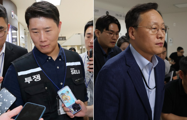 삼성그룹 초기업노동조합 삼성전자지부 최승호 위원장(왼쪽)과 삼성전자 사측 대표교섭위원인 여명구 DS(디바이스솔루션·반도체 사업 담당) 피플팀장. 연합뉴스