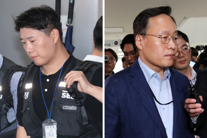 삼성전자 사측 대표교섭위원인 여명구 DS(디바이스솔루션·반도체 사업 담당) 피플팀장과 삼성그룹 초기업노동조합 삼성전자지부 최승호 위원장(왼쪽)이 20일 정부세종청사 중앙노동위원회에서 노사협상 결렬에 따른 입장을 밝힌 뒤 협상장을 떠나고 있다. 연합뉴스