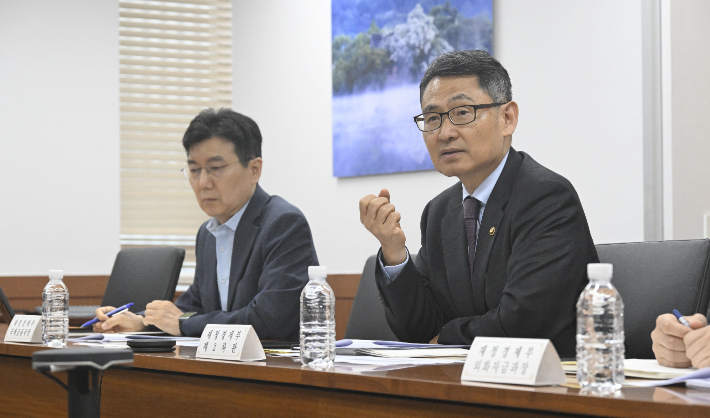 재정경제부 허장(오른쪽) 2차관이 20일 서울 종로구 정부서울청사에서 열린 외환시장 간담회를 주재하고 있다. 재정경제부 제공