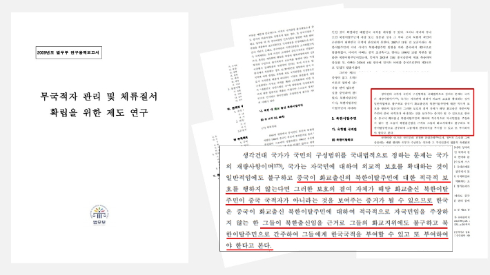 2009년 서울대 법학전문대학원 연구진이 낸 '무국적 관리 및 체류질서 확립을 위한 제도 연구'. 법무부 연구용역 보고서 캡처