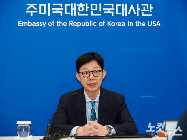 박윤주 외교부1차관이 20일(현지시간) 주미한국대사관에서 특파원간담회 도중 발언하고 있다. 공동 취재단.