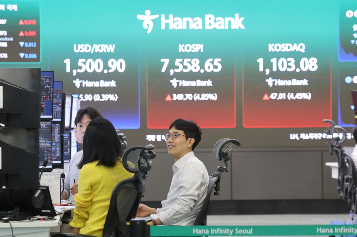 코스피가 급등 출발한 21일 서울 중구 하나은행 딜링룸에서 직원이 업무를 보고 있다. 연합뉴스