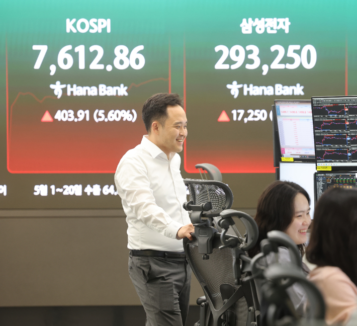 코스피가 급등 출발한 21일 서울 중구 하나은행 딜링룸 전광판에 삼성전자 주가가 표시돼 있다. 연합뉴스