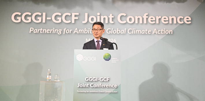 재정경제부 허장 2차관이 21일 서울 종로구 포시즌스 호텔에서 열린 GGGI-GCF 공동 컨퍼런스에 참석해 축사를 하고 있다. 재정경제부 제공