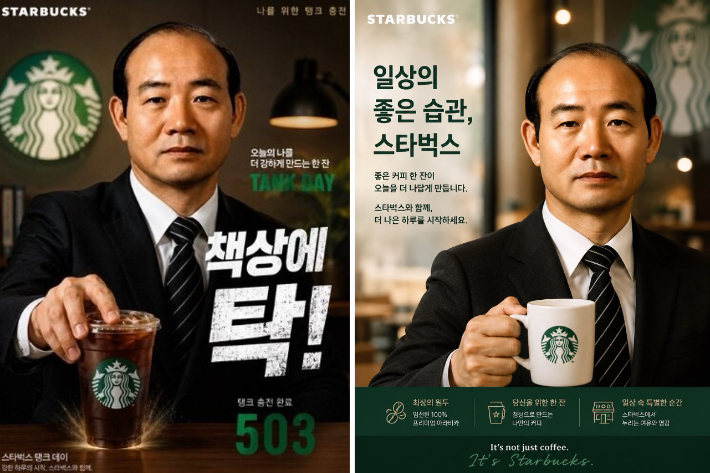 '5·18 탱크데이' 행사 논란 이후 스타벅스와 전두환을 AI로 합성한 사진. 인터넷 커뮤니티 캡처