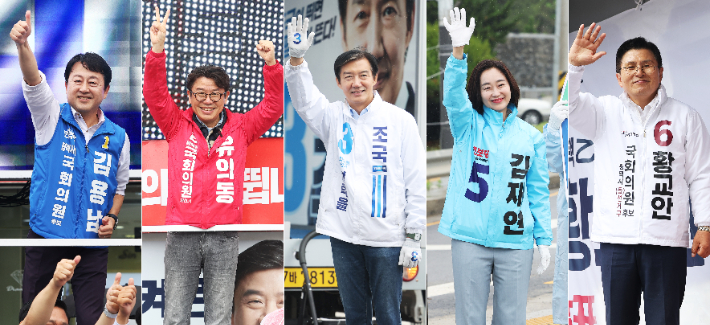 경기 평택을 국회의원 재선거에 출마한 후보들이 21일 경기도 평택시 일대에서 지지를 호소하고 있다. 왼쪽부터 더불어민주당 김용남, 국민의힘 유의동, 조국혁신당 조국, 진보당 김재연, 자유와혁신 황교안. 연합뉴스