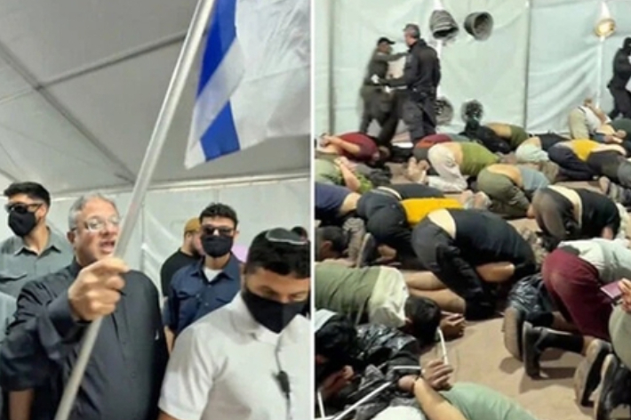 무릎을 꿇려진 채 바닥에 머리를 박고 있는 구호선단 활동가들과 이스라엘 국기를 흔드는 이타마르 벤-그비르 이스라엘 국가안보장관. 연합뉴스