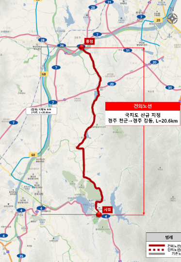 국지도 19호선으로 지정된 경주 강동~천군 구간(연장 20.6km) 위치도. 경주시 제공