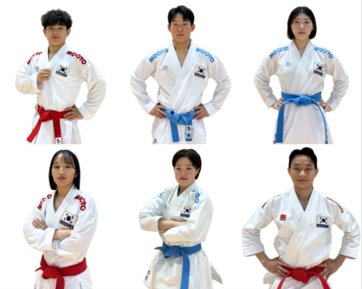 AG 가라테 국가대표에 선발된 선수들. 사진 위 왼쪽부터 시계 방향으로 박건호, 안광민, 안정은, 양예원, 황태연, 최하은, 양예원. 대한가라테연맹 제공