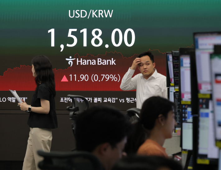 22일 오후 서울 중구 하나은행 딜링룸에 이날 원/달러 환율 지수가 표시되고 있다. 연합뉴스