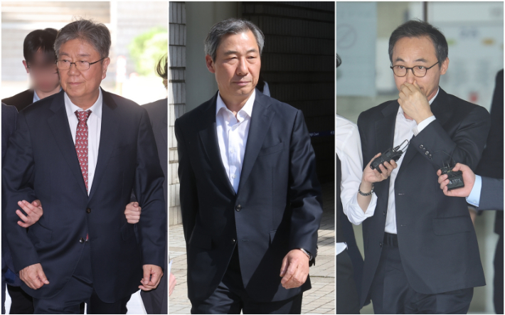 김대기 전 대통령 비서실장(왼쪽부터)과 영장실질심사를 마치고 나오는 윤재순 전 총무비서관, 김오진 전 관리비서관. 연합뉴스
