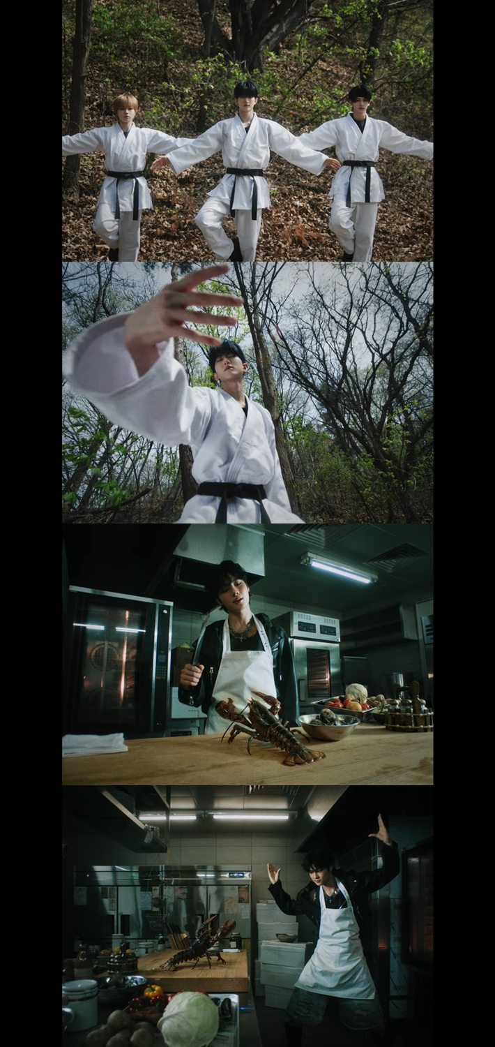 멤버들이 타이틀곡 '포즈!' 뮤직비디오에서 킥 포인트로 꼽은 장면. '포즈!' 뮤직비디오 캡처