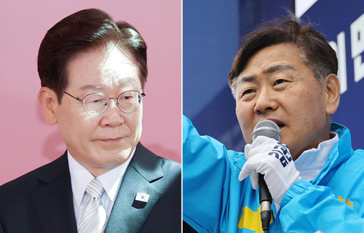 이재명 대통령(왼쪽)과 전북지사 선거에 무소속 출마한 김관영 후보. 연합뉴스