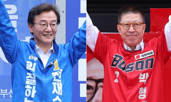 더불어민주당 전재수 부산시장 후보(왼쪽)와 국민의힘 박형준 부산시장 후보. 연합뉴스
