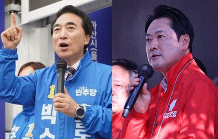 더불어민주당 박수현 충북지사 후보(왼쪽)와 국민의힘 장동혁 대표. 연합뉴스