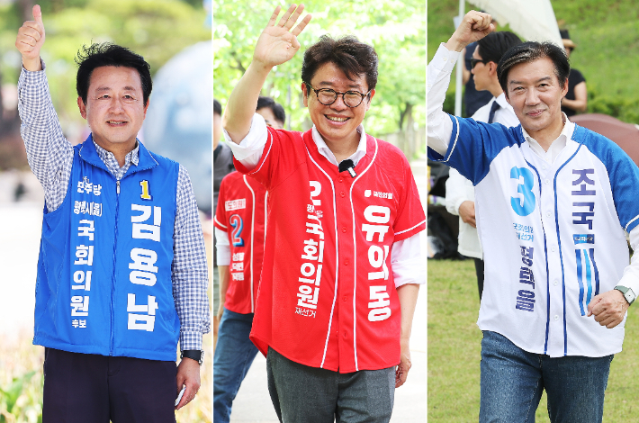 경기 평택을 국회의원 재선거에 출마한 더불어민주당 김용남(왼쪽부터), 국민의힘 유의동, 조국혁신당 조국 후보가 25일 경기도 평택시에서 시민들에게 인사하고 있다. 연합뉴스