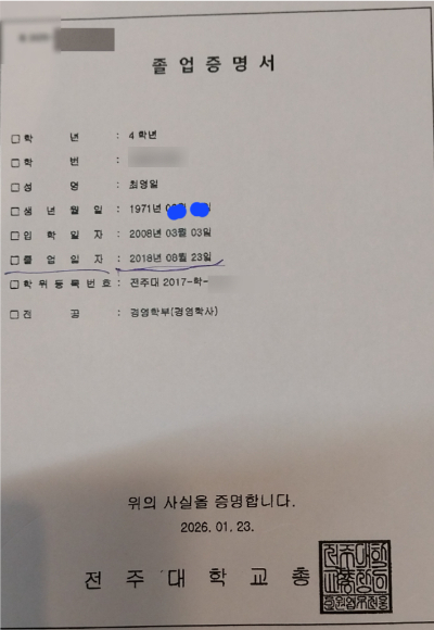 최영일 더불어민주당 순창군수 후보의 졸업증면서. 후보 측 제공